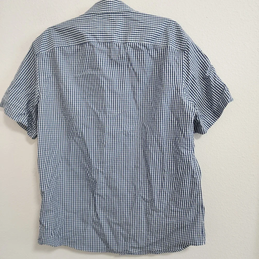 UNTUCKIT Mens‎ Large Slim Fit Blue White Striped Short Sleeve Shirt